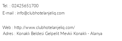 Club Hotel Anjeliq telefon numaralar, faks, e-mail, posta adresi ve iletiim bilgileri